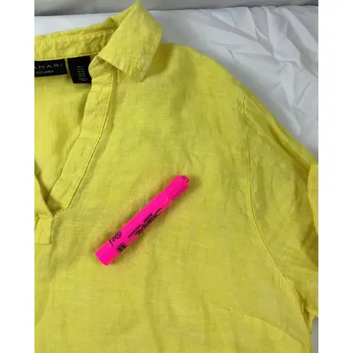 Tahari Linen Top Blouse Button Detail 3/4 Sleeve Yellow Womens 1X