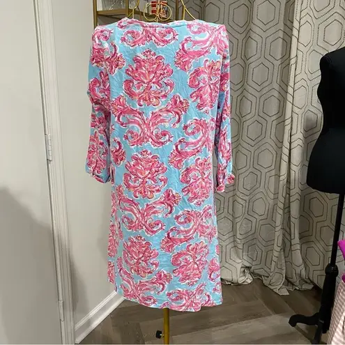 Caribbean Joe Teal Blue & Pink Floral Asymmetric 3/4 Sleeve Dress Size L