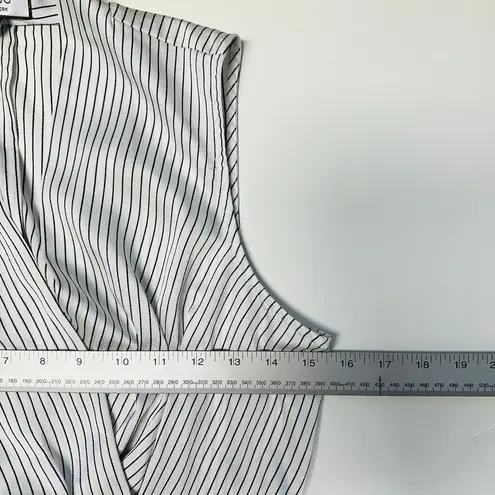 BCBG White and Navy Sleeveless Pinstripe Wrap Top, Size Small