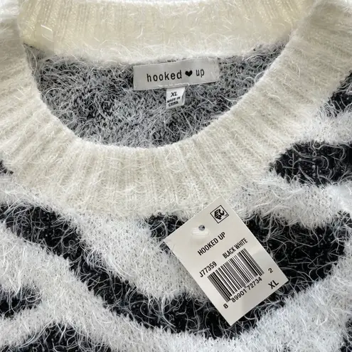 Hooked Up New Zebra Striped Fuzzy Knit Crewneck Sweater White Black