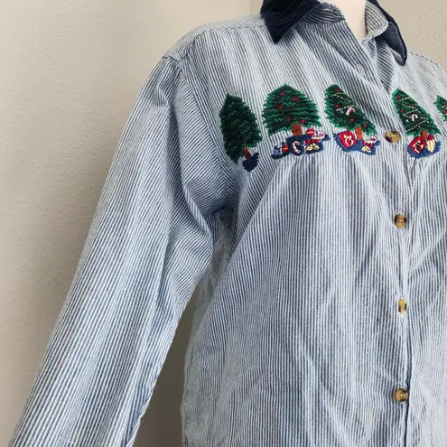 American Vintage Vintage Casey & Max Christmas Themed Button Down Shirt Long Sleeve Blue White M