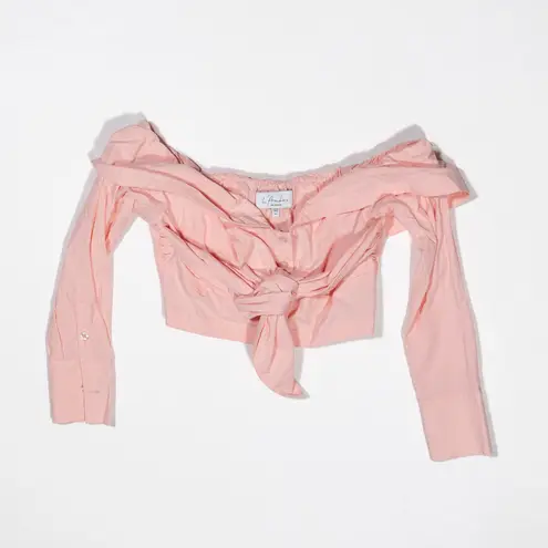 L'Academie Cotton Poplin Off Shoulder Button Front Twist Tie Knit Crop Blouse