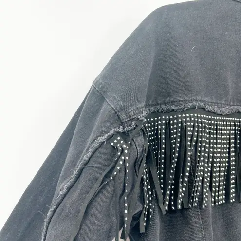 Excuse Womens Western Cowgirl Fringe Rhinestone Denim Jacket Size L Black Black Size L