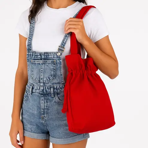 Red Canvas Drawstring Tote Bag with Ruffled Top – Casual Everyday Shoulder Bag