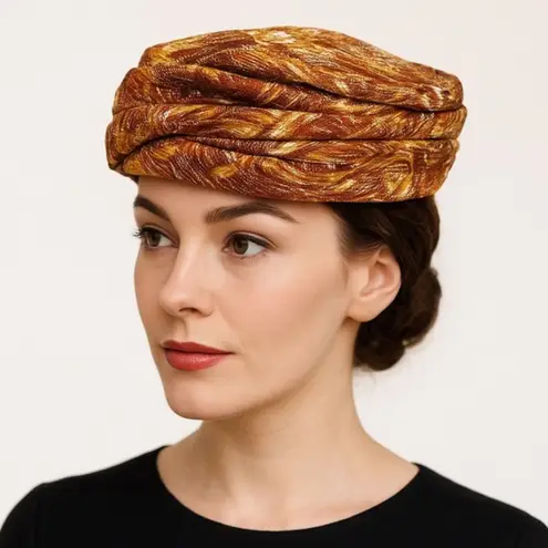 Vintage Valerie Modes Draped Turban Pillbox Hat – Metallic Gold & Bronze Brocade Brown