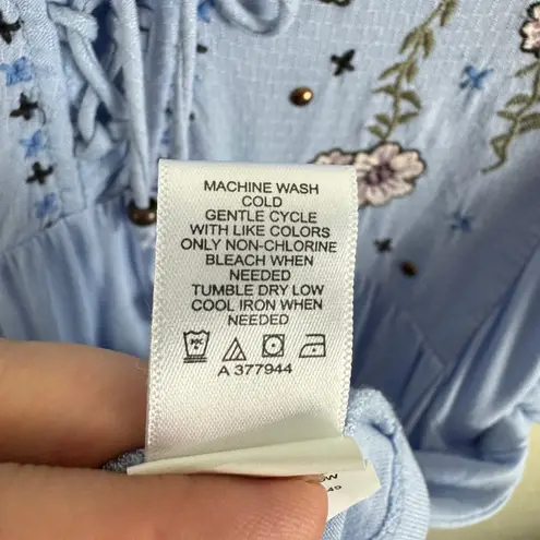 Haute Hippie Tribe Blue Viscose Floral Embroidered Short Sleeve Blouse Size S