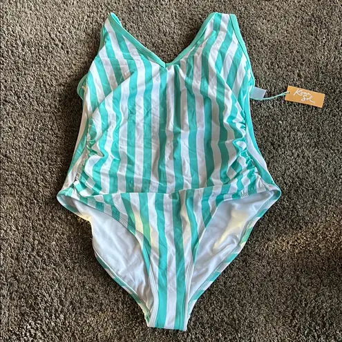 Kona Sol Blue and White Striped One Piece Swimsuit with V-Neck