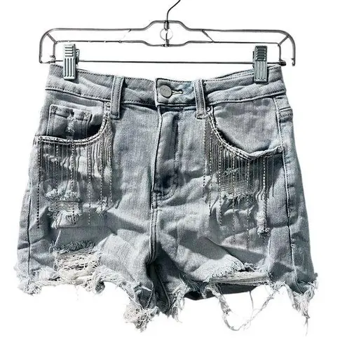 Risen Rhinestone Fringe Cut Off Distressed Denim Jean Shorts Size Small Western