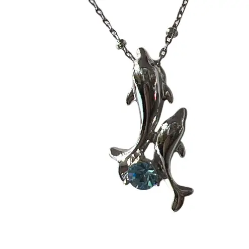 Silver 18ktgp Necklace Double Dolphin Pendant Blue Crystal Rhinestone 18" 5.89g