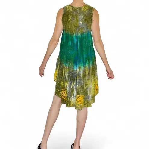 Shoreline Vintage Teal Yellow Tie Dye Floral Embroidered Hippie Mini Dress