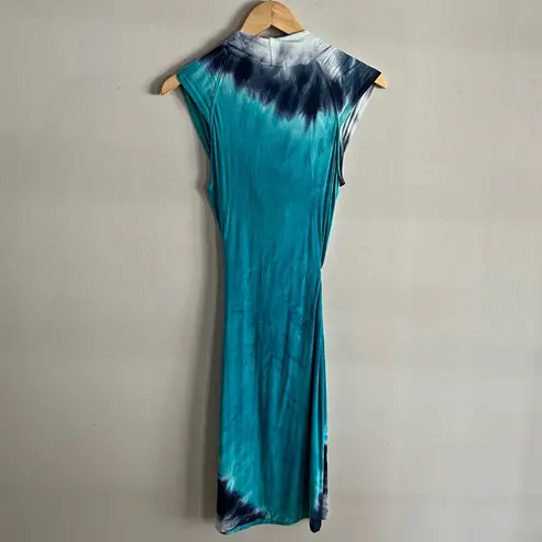 Boston Proper Tie Dye Cowl Neck Dress S Blue Teal Ombre Belted Boho Resort