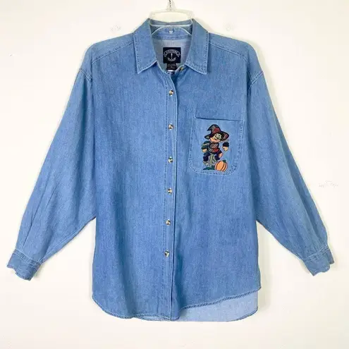 Vintage Solutions Chambray Denim Fall Halloween Scarecrow Pumpkin Button Up Sz M Blue Size M