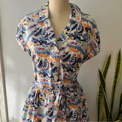 Boden USA Boden• Retro Rowboats Boats Cotton Linen Belted Fit & Flare Shirt Dress•Size 10