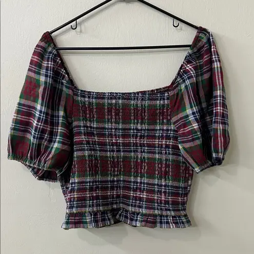 American Eagle  Outfitters Plaid Puff Sleeve Blouse Red Blue Green Sz XL