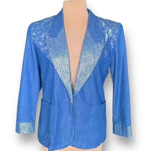 Vintage Jordana Petite Blazer Denim Silver Dots Abstract Art Oversized Western Blue Size undefined