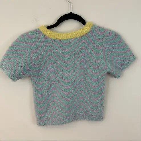 Ragged Jeans Eyelash Knit Squiggly Print Cropped Colorful Short Sleeve Sweater M Green Size M