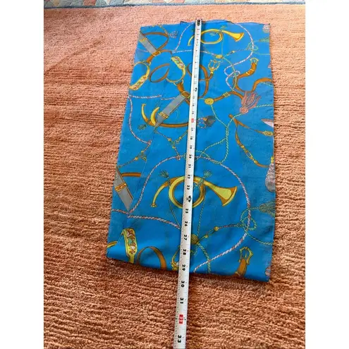 Blue Silk Scarf Equestrian Print Lightweight Rectangular 58x11 in