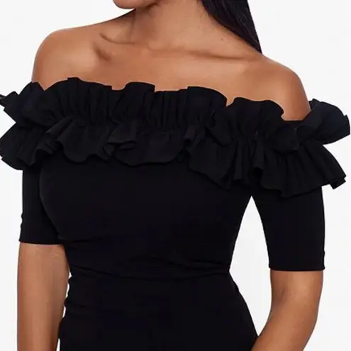 XScape Off-the-Shoulder Ruffle Neck Short Sleeve Stretch Scuba Crepe Dress