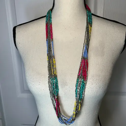 Multicolor Layered Beaded Necklace Silver Bar Toggle Boho Statement Blue
