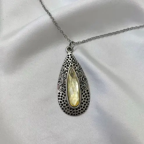 Silver Yellow Witchy Intricate Oval Stone Pendant Necklace