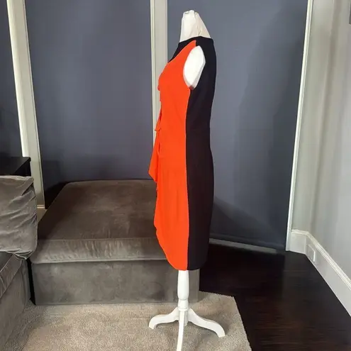 Women’s Black & Orange Asymmetrical Ruffled Front Midi Dress Zip Up Back Size M Orange Size M