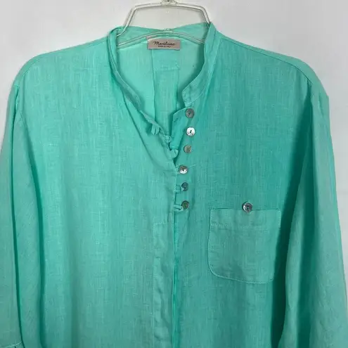 Mariluna Womens Linen Shirt 1X Quiet Luxury Lagenlook Coastal Nautical Beachy Green