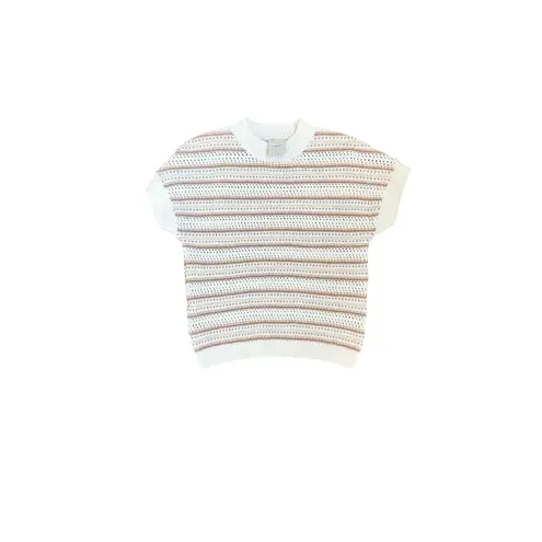 Varley Ciara Stripe Knit Top Cottom Blend Ivory Tan Short Sleeve Croche Women S