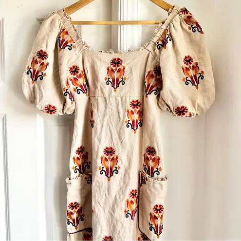 Farm Rio  Rose Embroidered Macaw Linen Midi Dress
