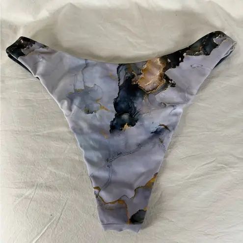 Grey and Navy Blue Marble Print High Rise Cheeky Bikini Bottoms Small