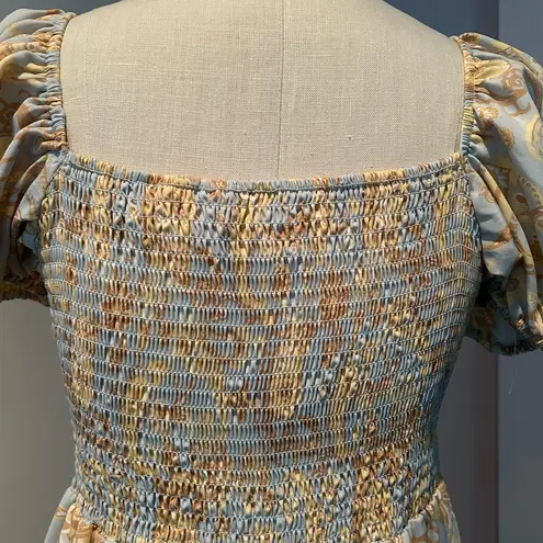 Dizzy Lizzy paisley empire waist A line midi dress tie front and puff sleeves L Blue Size L