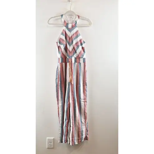 Crystal Sky Halter Neck Sleeveless Flare Leg Striped Tasseled Jumpsuit Pink 5 Size undefined