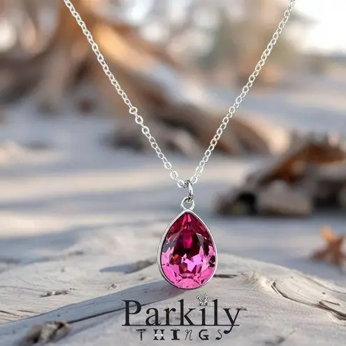Handcrafted necklace with fuchsia pink crystal and chain Silver