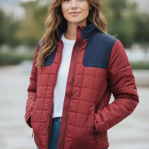 Women's Jacket Small Burgundy Red & Navy Blue Puffer Small Nomad Quilted Game