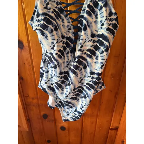 Tie Dye One Piece Swimsuit Criss Cross front Blue White