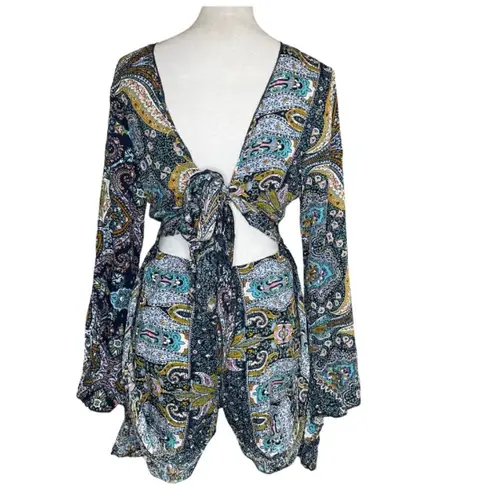 AELSON Women's Boho V Neck Paisley Print Flare Sleeves Romper Concert Sz XL Blue
