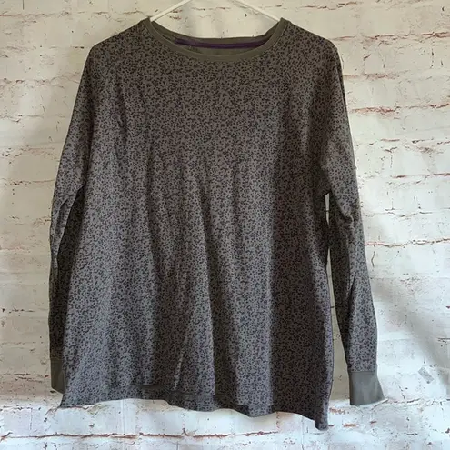 Duluth Trading Shirt Womens Large Gray Purple Tiny Floral Print Long Sleeve Crew