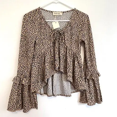 Peach Love California NEW NWT Tan Brown Black Dotted Long Bell Sleeve Blouse S