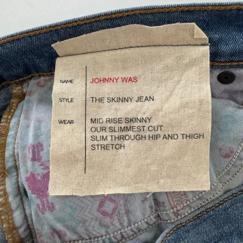 Johnny Was Good Vibes Skinny Jeans Size 32 Blue Embroidered Celestial Boho Artsy