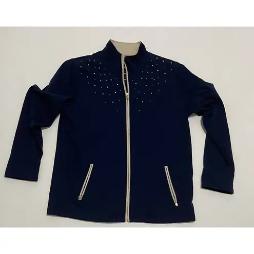 Allison Daley  Embellished Zip Up Jacket With Slip Pocket Navy Blue Cream Medium