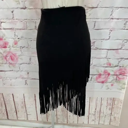 AQUA  Women's Faux Suede Long Fringed Asymmetrical Wrap Style Black Skirt Size S