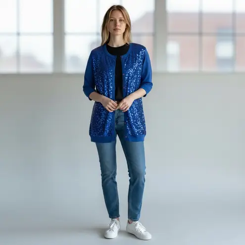 Denim 24/7 PLus Size 2X XX Sequined Blue Cardigan Sweater Button Front 3/4 Sleeves