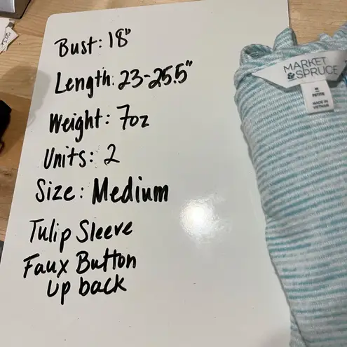 Market & Spruce Striped Tulip Sleeve Top Faux Button Back Blue Size MP NWT