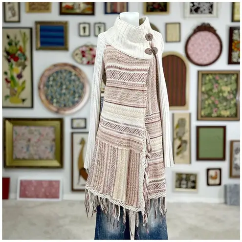 Free People  Oversized Southwestern Poncho Womens Size Medium Cream Brick Rust