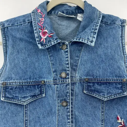 Bill Blass  (L) VINTAGE Y2K Blue Denim Pink Floral Embroidered Vest Jean Jacket