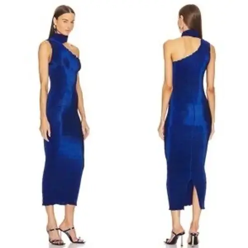 L’IDEE Regal Blue 90s One Shoulder High Neck Satin Plisse Lettuce Hemline Dress Size 10