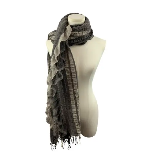 Coldwater Creek Ruffled Gray & Beige Knit Scarf With Fringe
