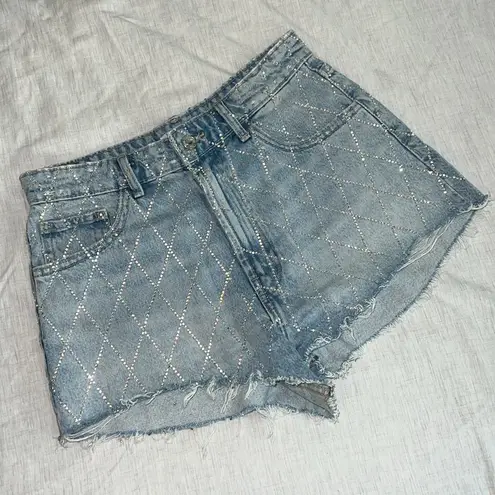 ZARA  Rhinestone High Rise Curved Light Blue Denim Shorts Size 6 or 28