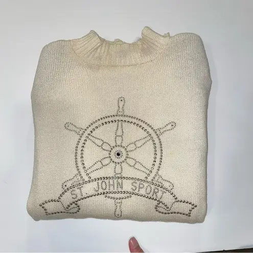 Vintage 80’s St. John santana knit creamy mock neck sweater nautical bling Silver Size L