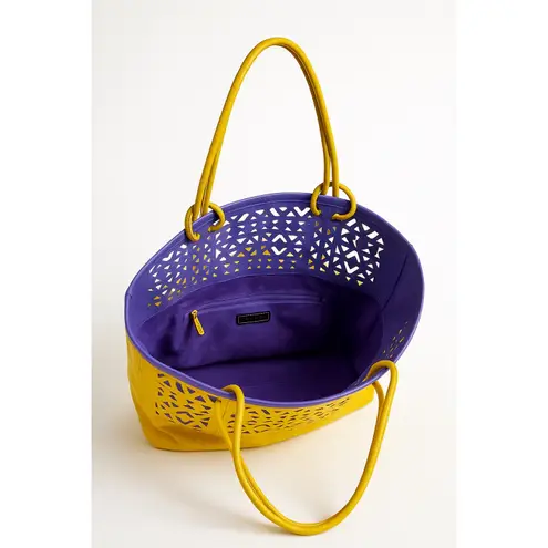 Beth Levine New York Tote Bag Large Yellow Purple Laser Cut Lattice Leather