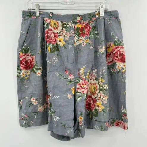 Ralph Lauren  Vintage High-Rise Cuffed Shorts in Blue Linen Pink Floral Size 16